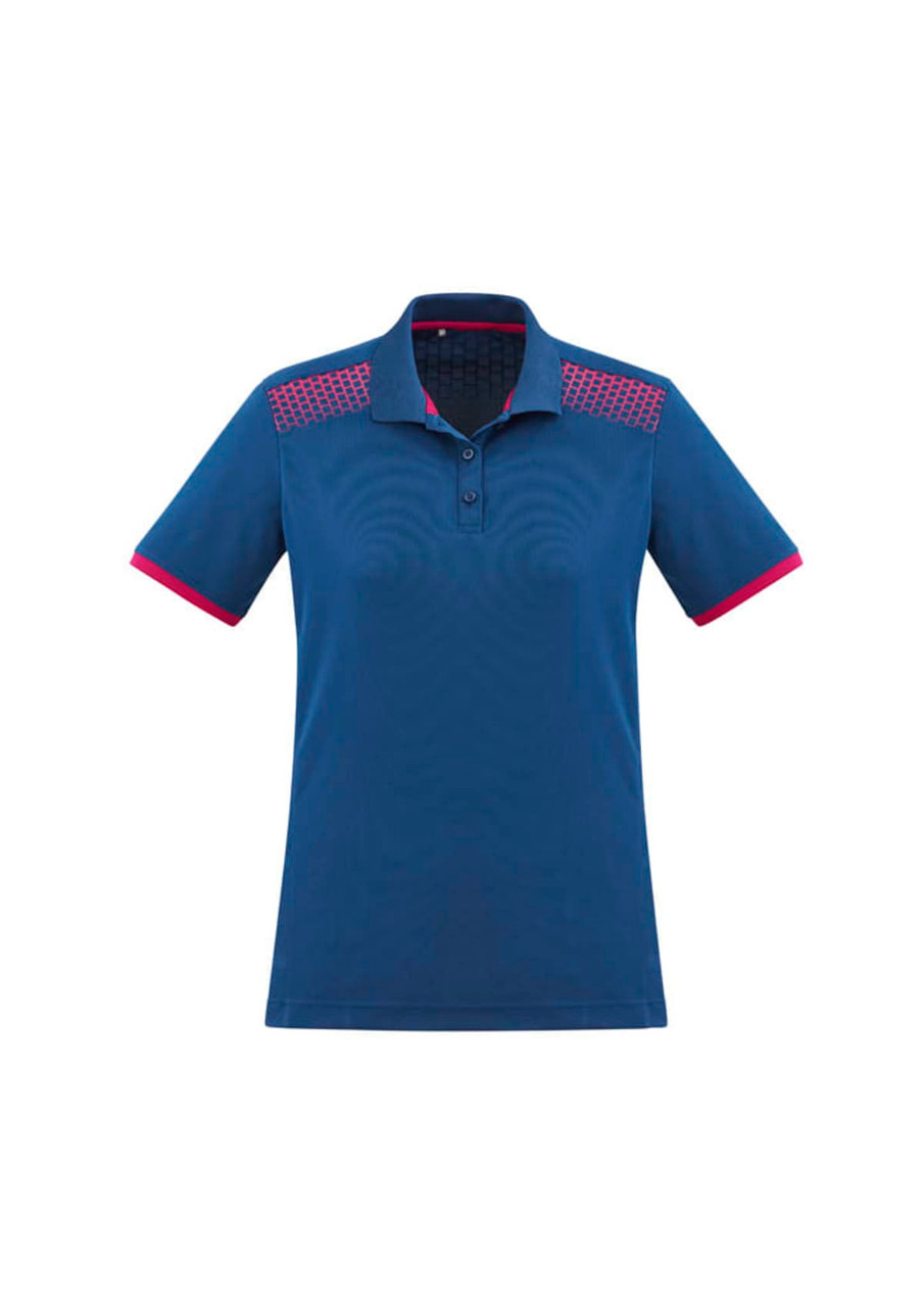 A navy blue women's polo shirt with red accents and a patterned yoke, featuring a collar and short sleeves.