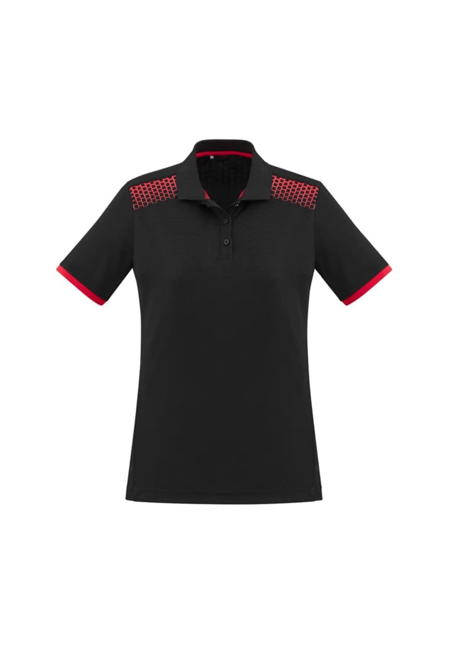 A women's black polo shirt with short sleeves, featuring red accents on the collar and shoulders, and includes a logo.