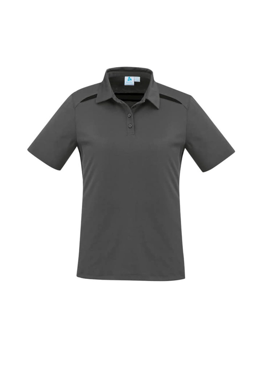 A women's short sleeve polo shirt in dark grey, featuring a collar and front buttons, with a logo on the chest.