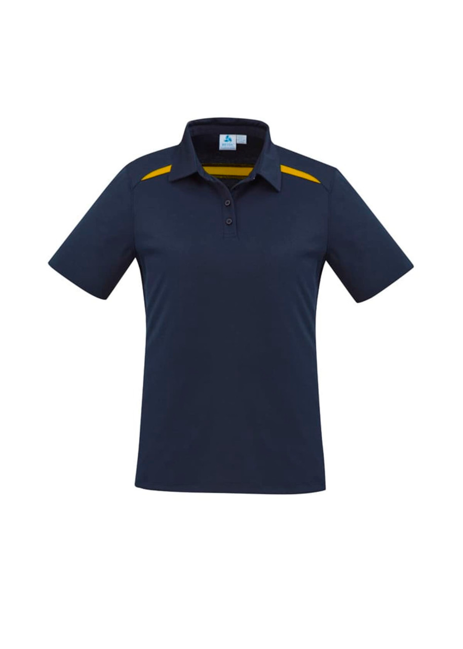 A navy short sleeve polo shirt with yellow accents and a collar. The shirt features a logo on the chest.