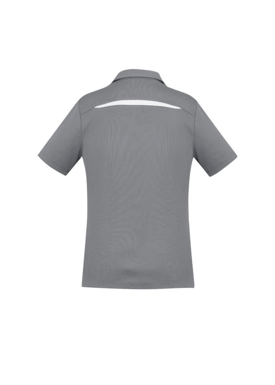 A short sleeve polo shirt in grey with a back stripe detail and a logo.