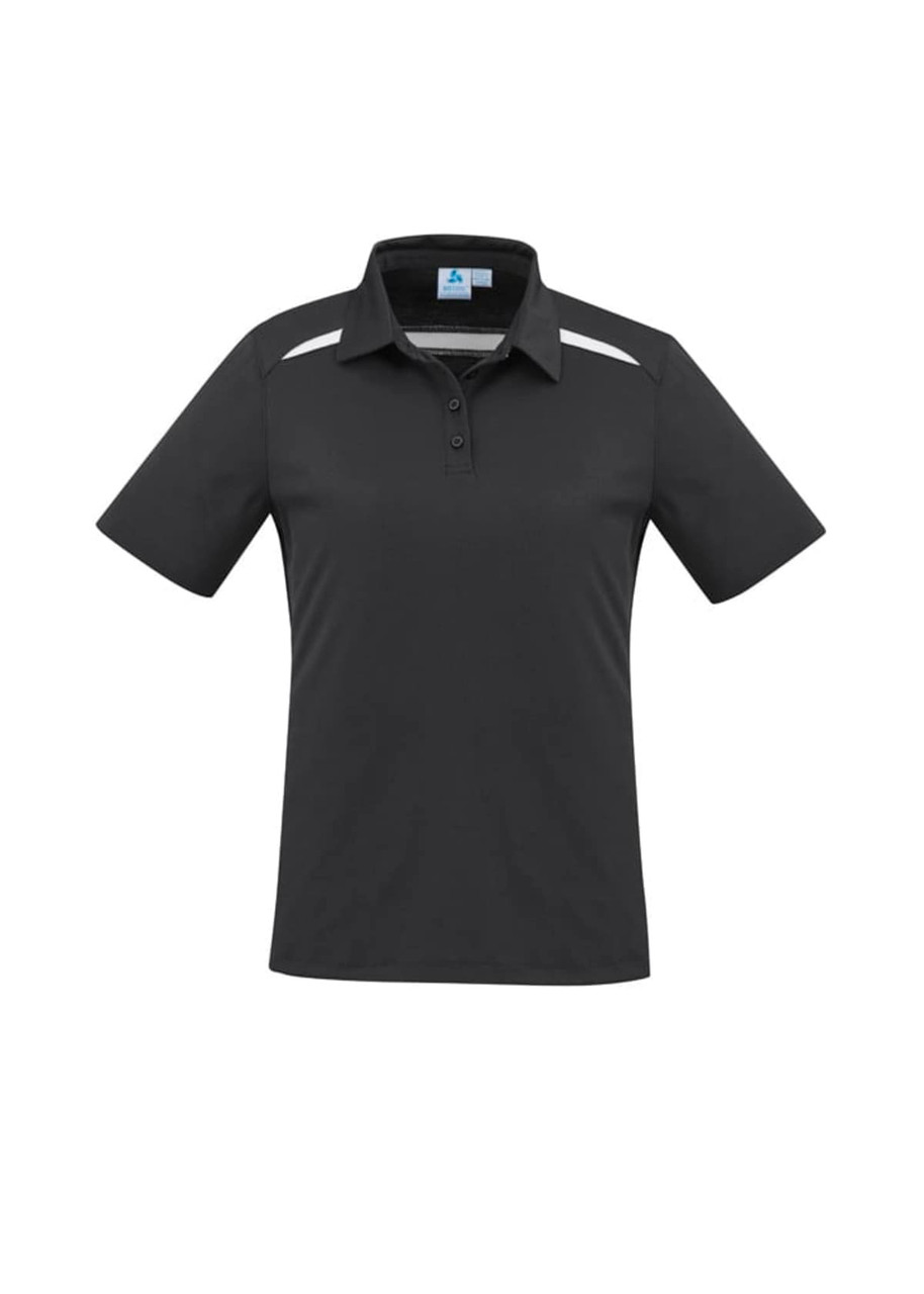 A women's short sleeve polo shirt in black with white accents and a collar, featuring a logo on the chest.