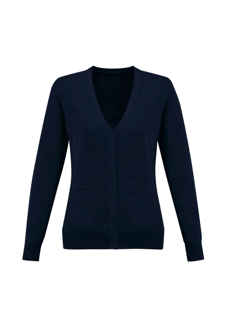 A navy blue women's knit cardigan with a V-neck and button-down front. It features long sleeves and a fitted silhouette.
