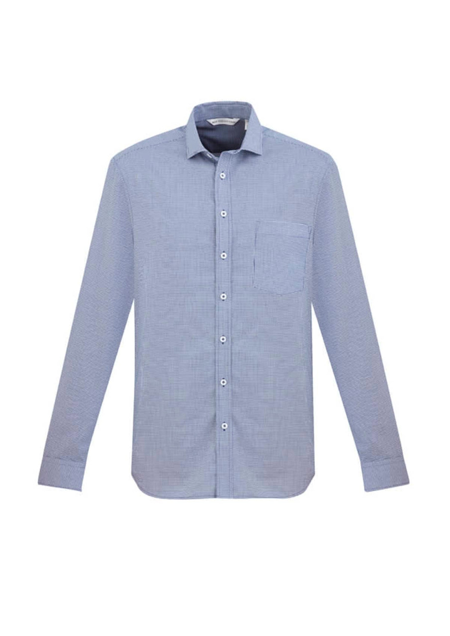 A long sleeve button-up shirt in light blue with a chest pocket and a logo.