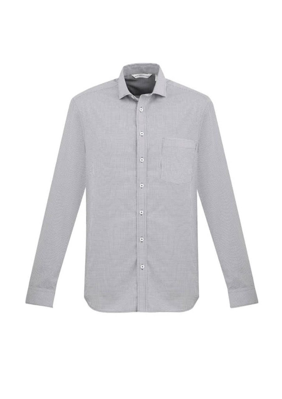A grey button-up long sleeve shirt featuring a chest pocket and a branded label.