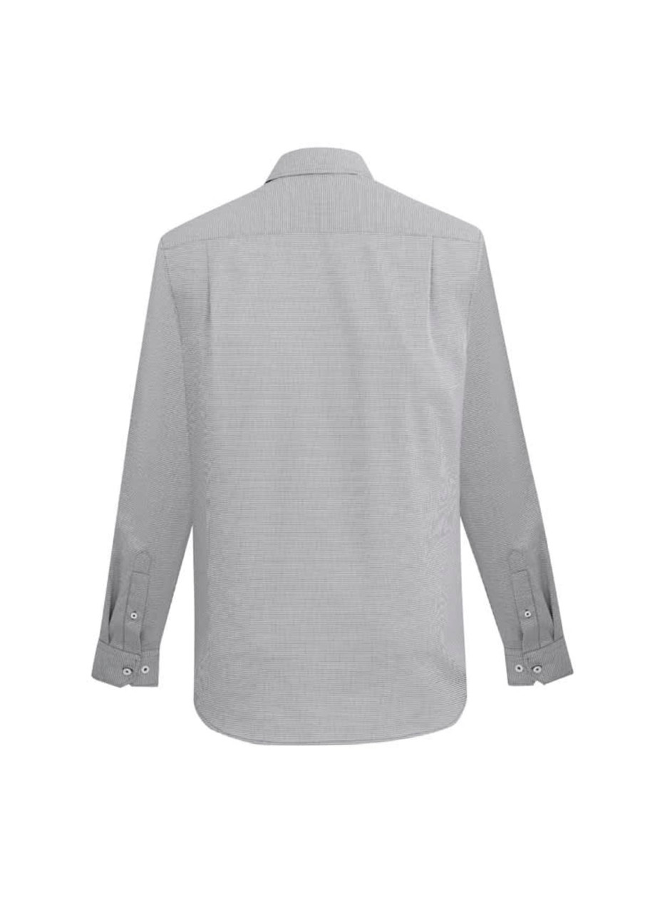 A grey long sleeve button-up shirt with a classic collar and buttoned cuffs. The shirt features a subtle textured pattern.
