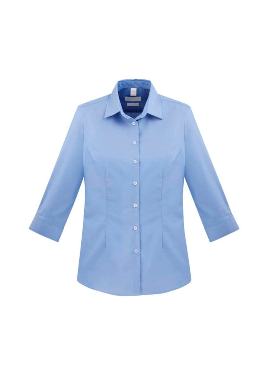 A blue women's button-up shirt with 3/4 sleeves and a collar, featuring a logo on the chest area.
