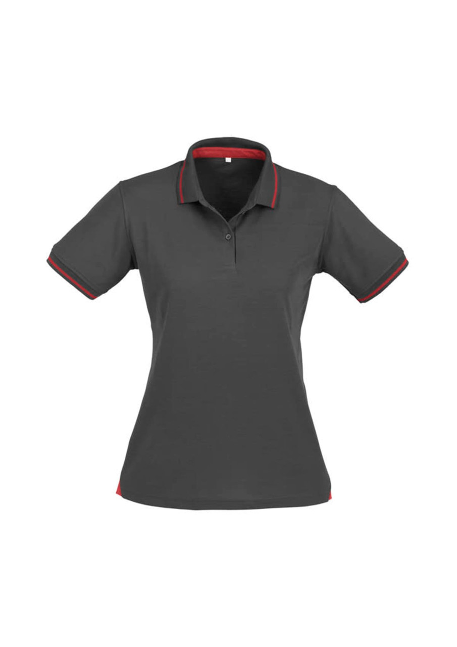 A women's short sleeve polo in dark grey with red accents and a logo.