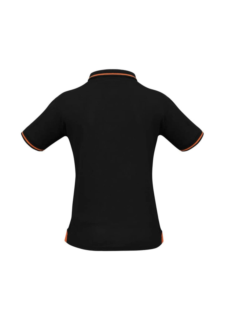 A black women's jet short sleeve polo with contrasting trim and a logo.