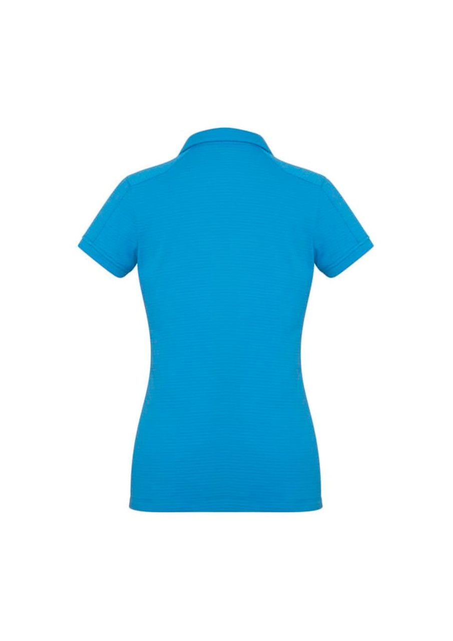 A women's short sleeve polo shirt in a bright blue colour featuring a subtle ribbed texture and a branded logo.