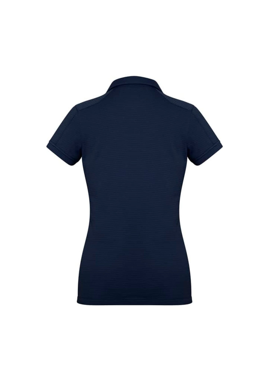 A navy women's short sleeve polo shirt with a fitted design and a collar, featuring a logo.