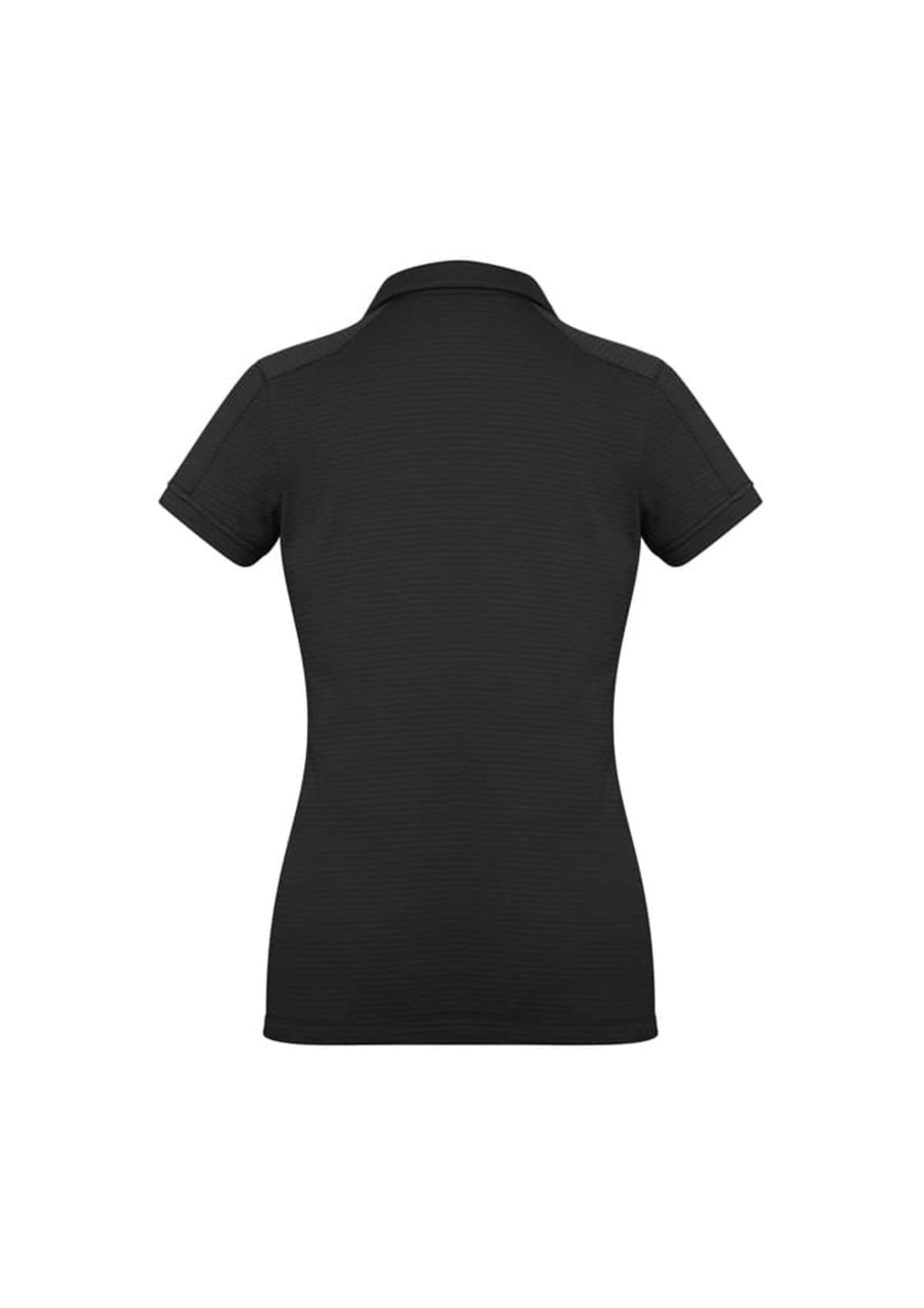 A women's short sleeve polo shirt in black, featuring a fitted design and a collar. The shirt includes a logo.