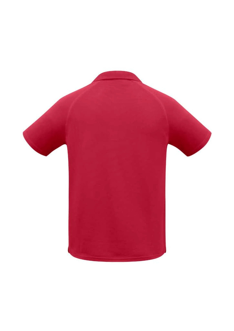 A red men's short sleeve polo shirt featuring a collar and a logo.