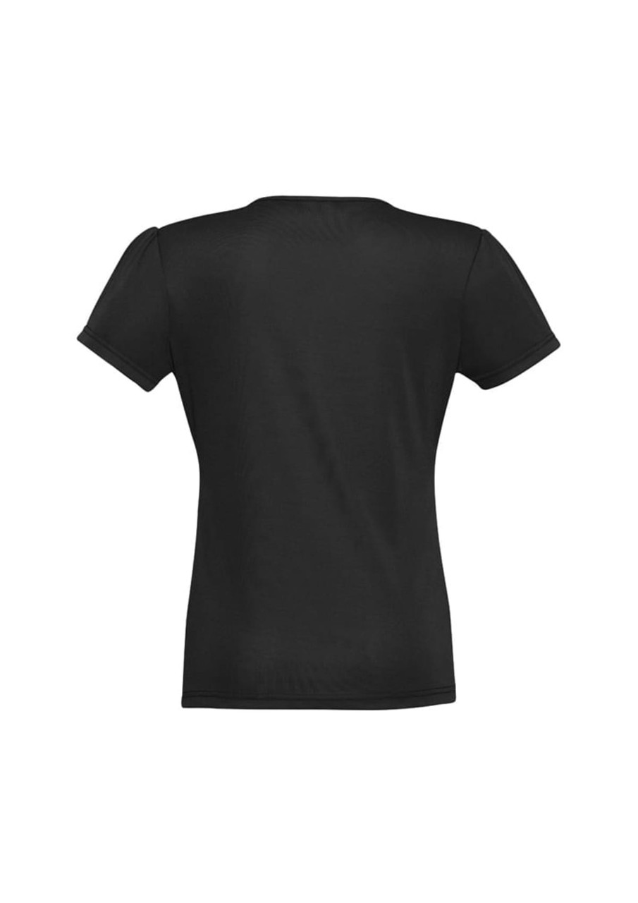 A black women's chic top with short sleeves and a fitted design. The back view shows a simple, clean silhouette.