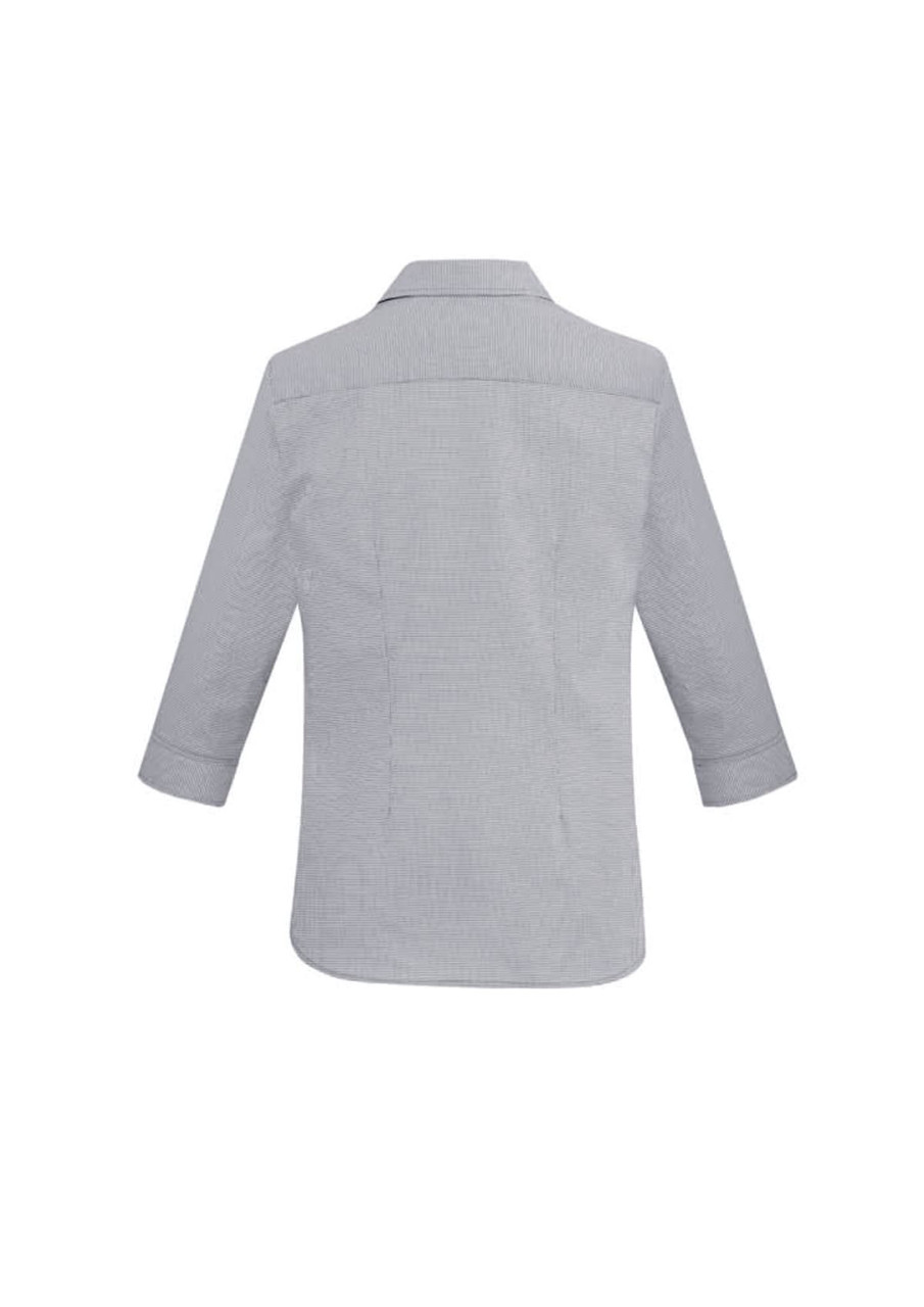 A grey women's Jagger 3/4 sleeve button-up shirt featuring a classic collar and a back seam detailing.