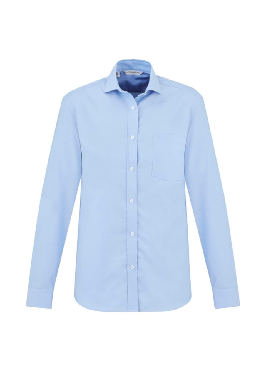 A light blue long sleeve button-up shirt with a chest pocket and a brand logo.