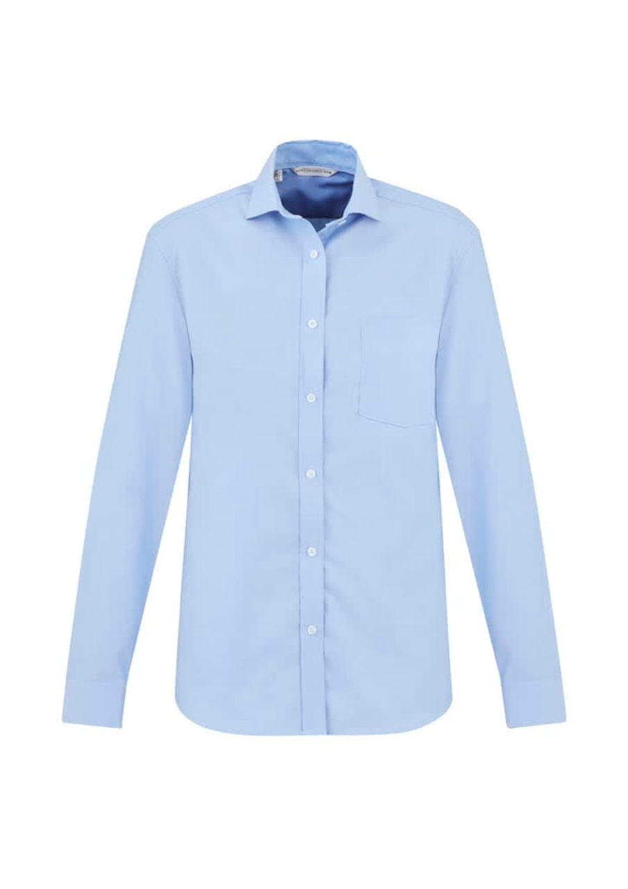 A light blue, long sleeve button-up shirt featuring a pocket and a logo.
