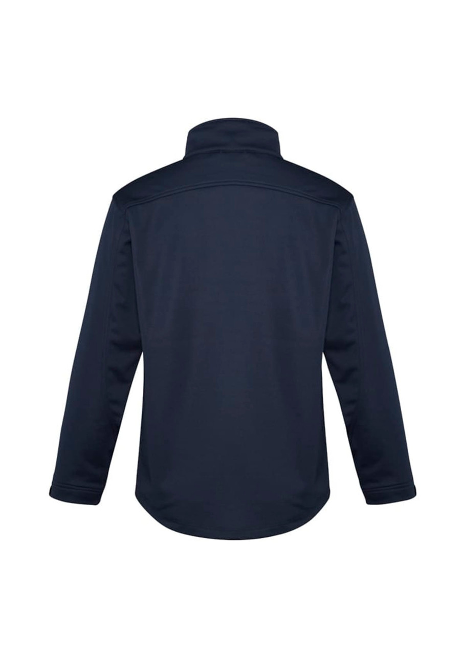 A navy men's softshell jacket featuring a high collar and long sleeves, with a logo on the back.
