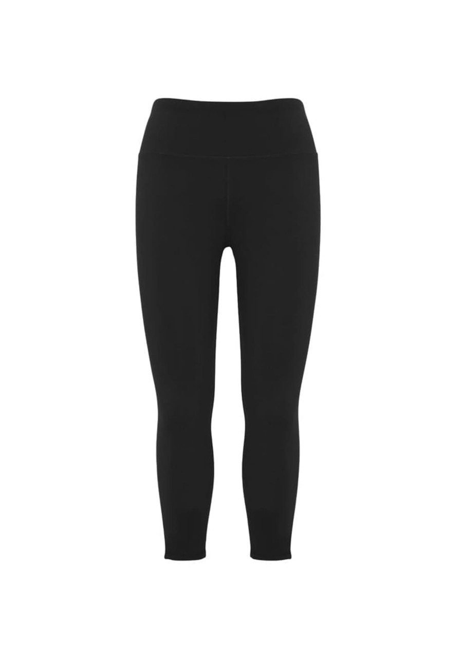 A pair of black women's 3/4 leggings with a smooth waistband and no visible logos.