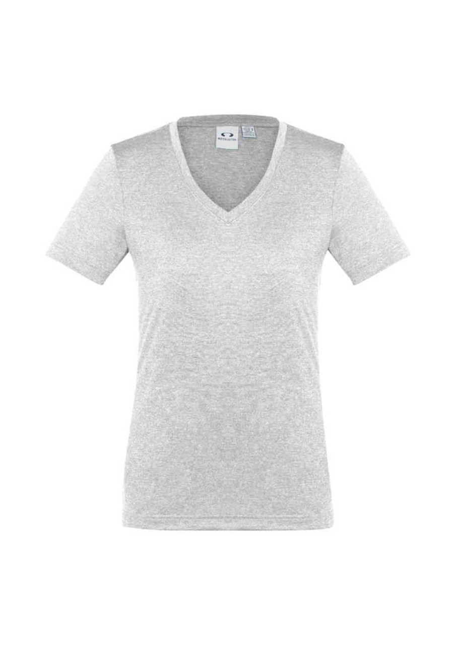 A women's short sleeve tee in light grey with a V-neck design and a logo.