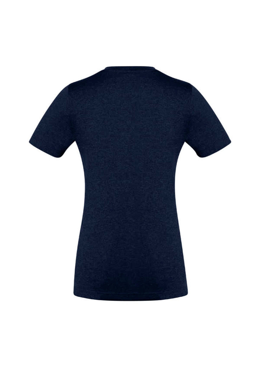 A navy short sleeve tee, featuring a fitted style and a logo on the back.