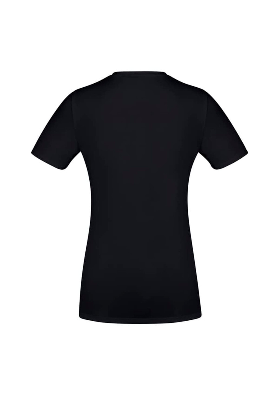 A black women's short sleeve tee featuring a fitted design and a logo on the back.