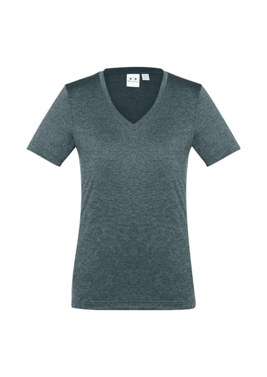 A grey short sleeve women's t-shirt with a v-neck design and a logo featured on the upper left.