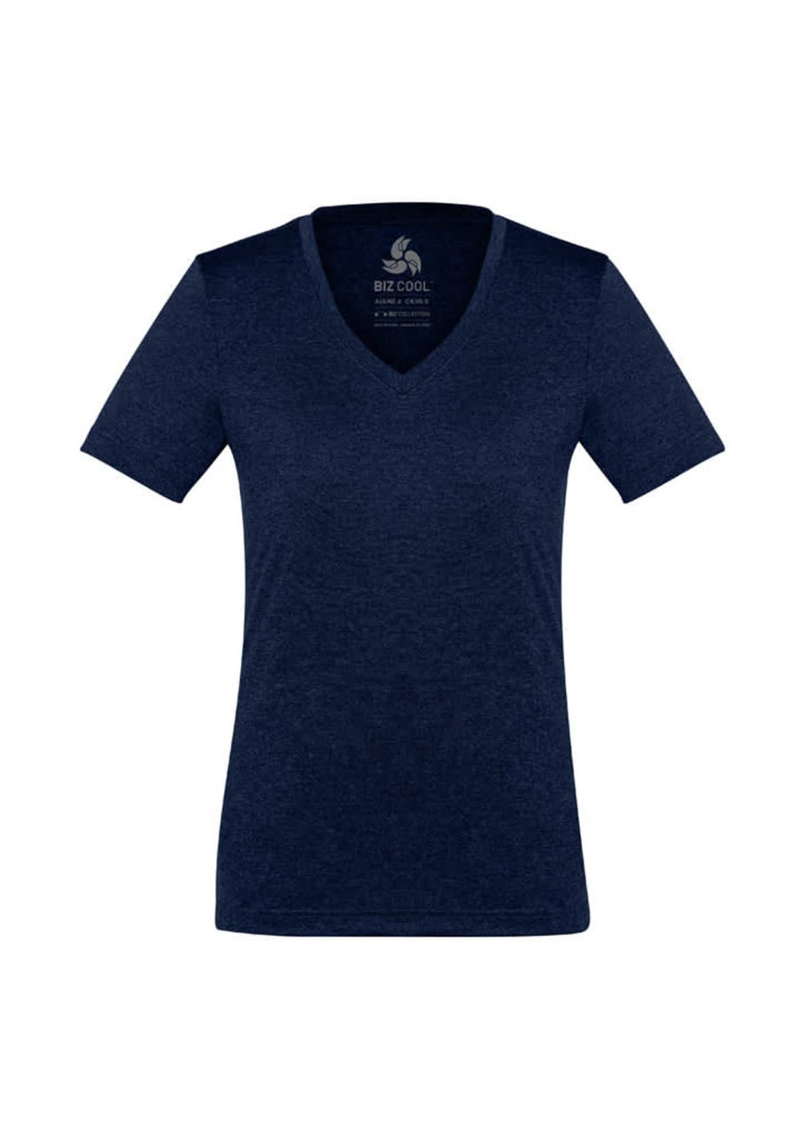 A navy short sleeve women's tee with a v-neck design and a logo at the top.