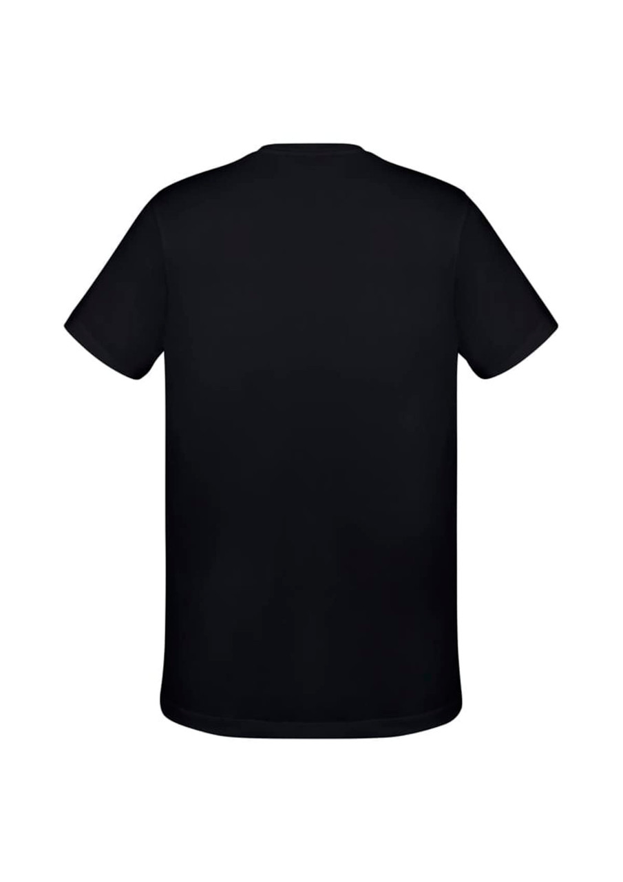 A black short sleeve men's tee with a simple, clean design and a logo on the back.