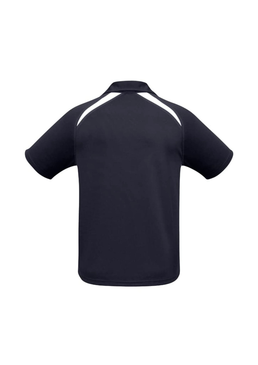 A navy polo shirt with short sleeves featuring white panel details and a logo on the back.