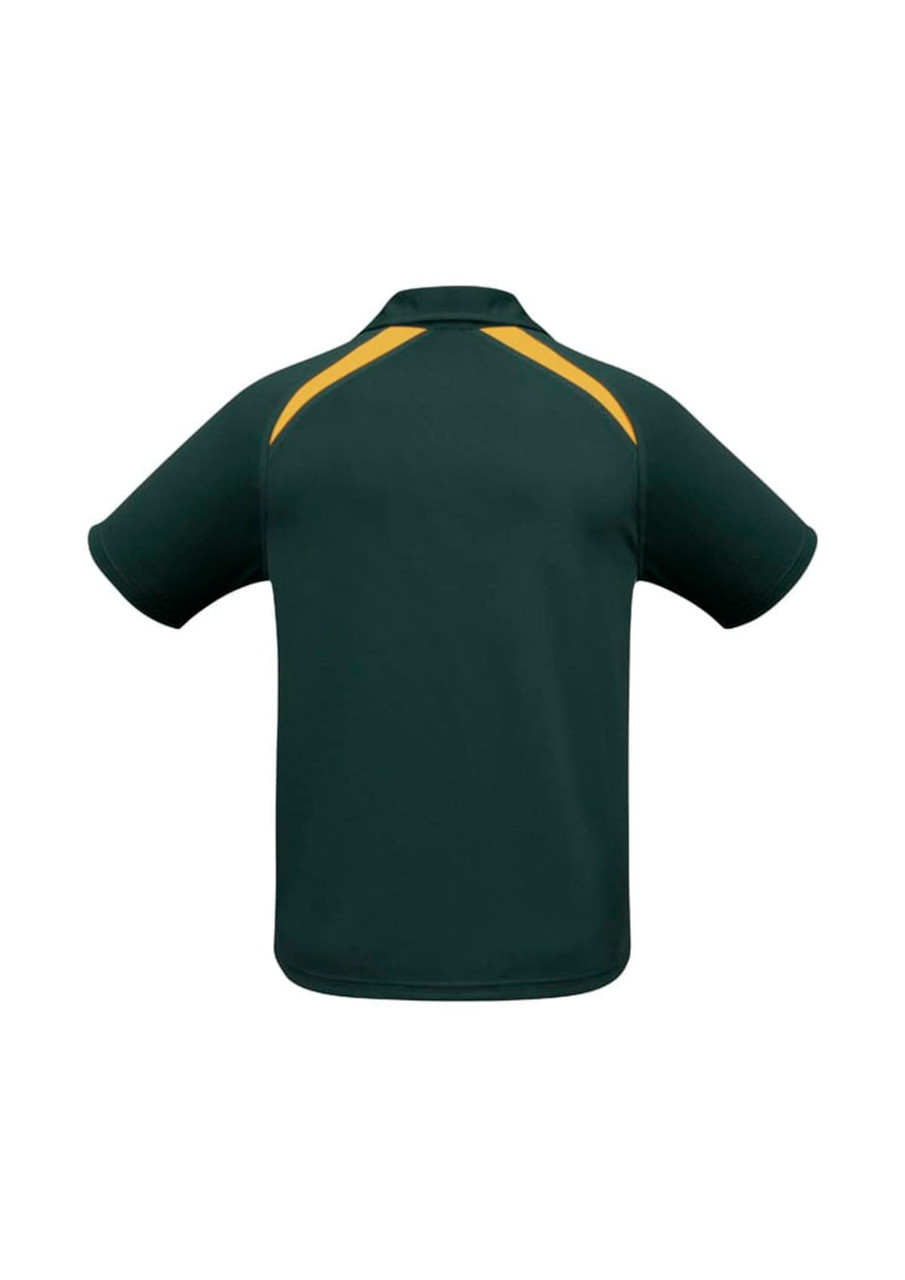 A green kids' polo shirt with yellow detailing on the shoulders and a logo.