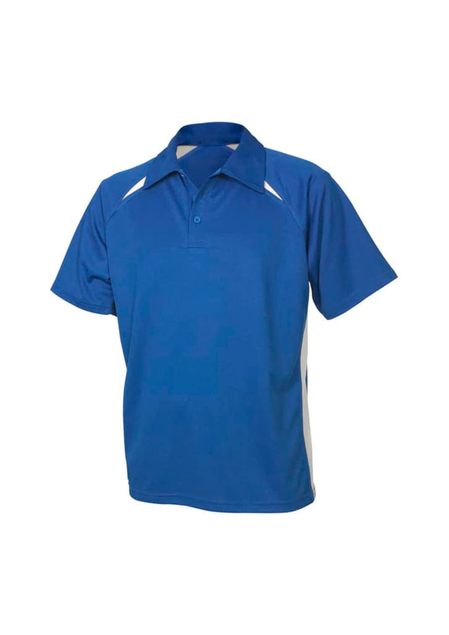 A blue short sleeve polo shirt with white detailing and a logo on the chest area.