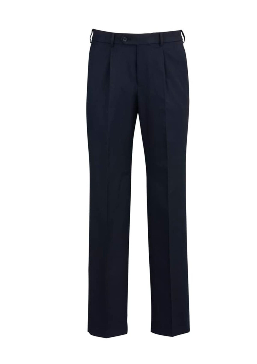 Men's regular fit trousers in navy blue with pleats; features a waistband and a logo. Suitable for formal wear.