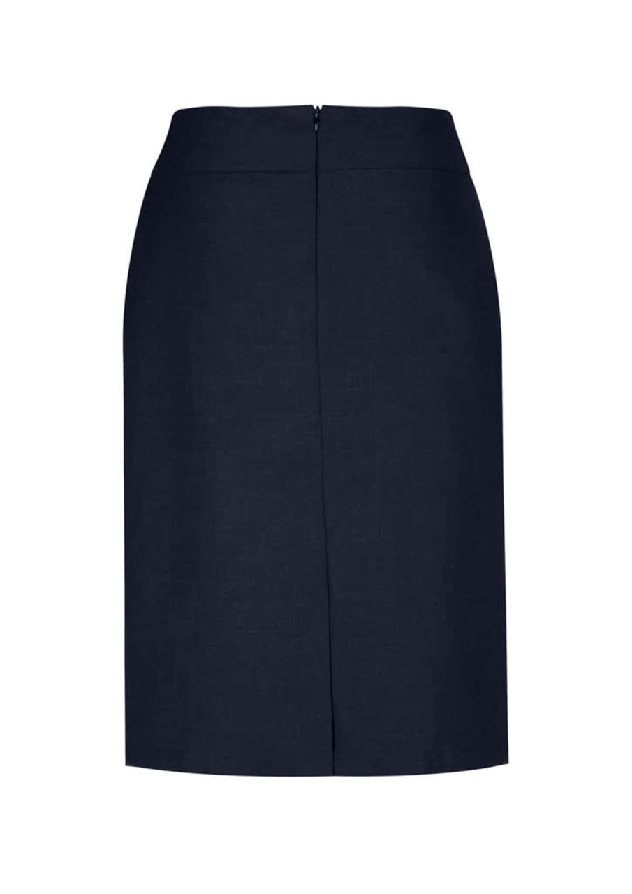 A below-knee women's skirt in navy with a zip closure at the back. Includes a logo.