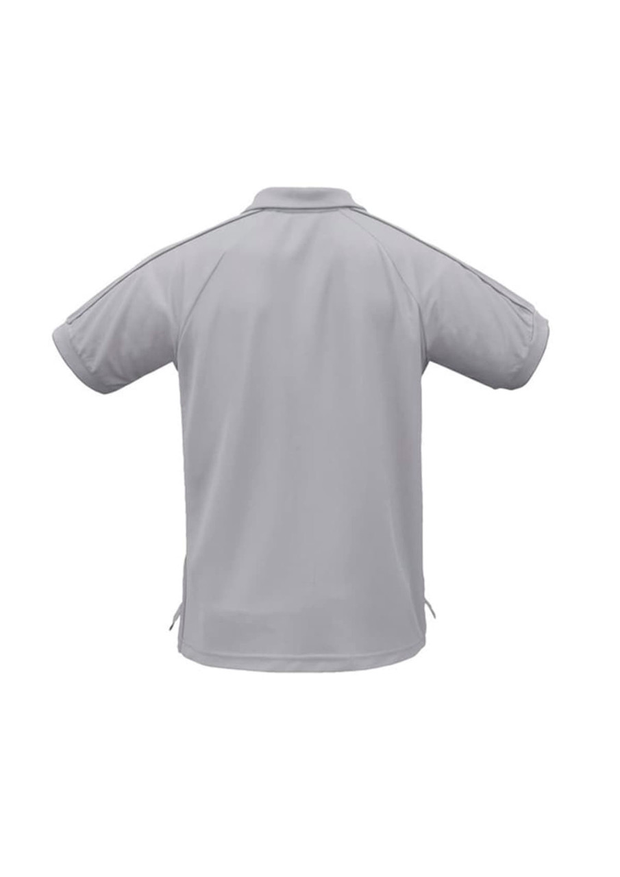 A grey short sleeve polo shirt with a logo, featuring a standard collar and side slits for comfort.