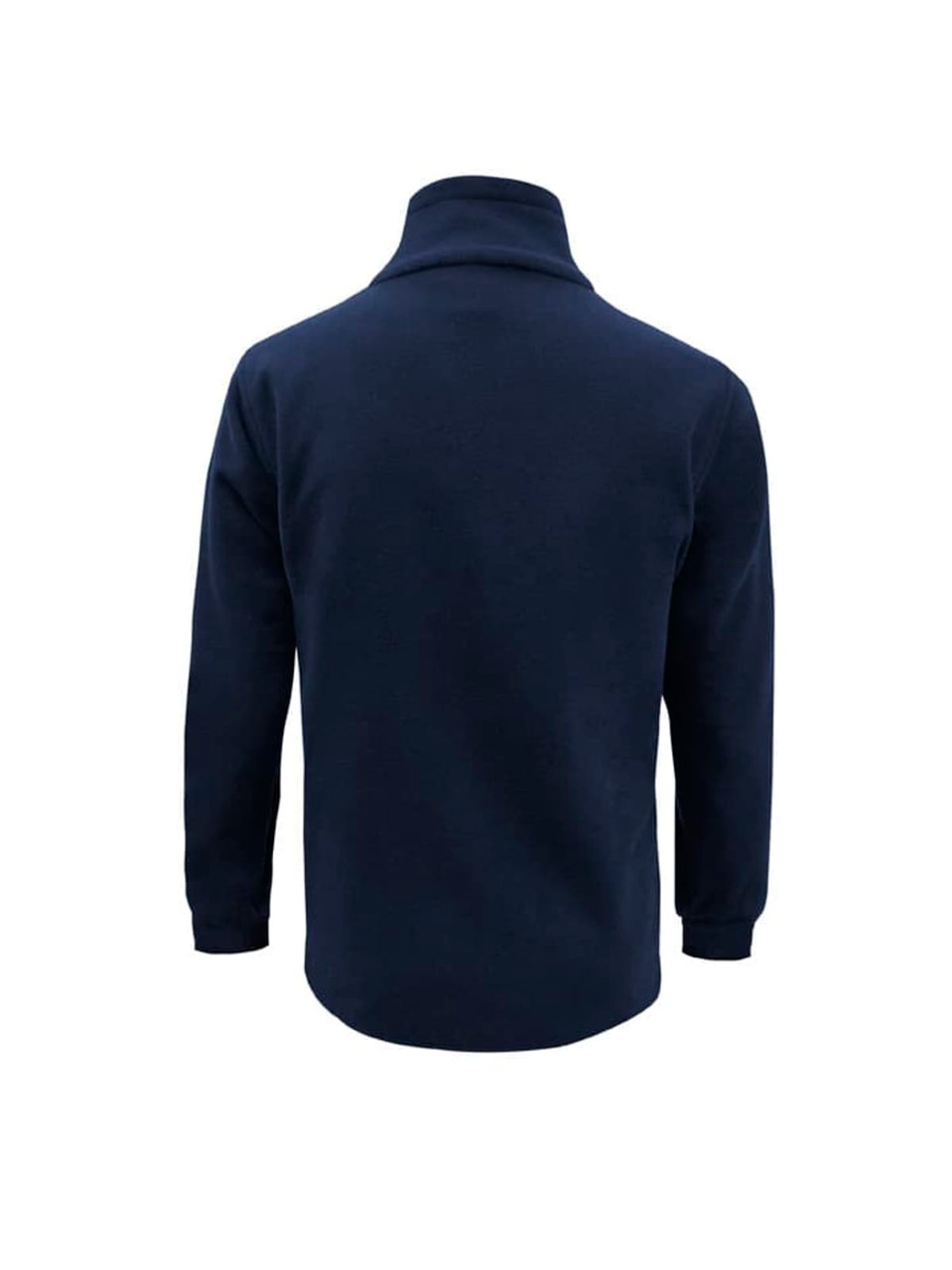 A navy blue men's heavy weight fleece jumper featuring a high collar and long sleeves, with a logo on the back.