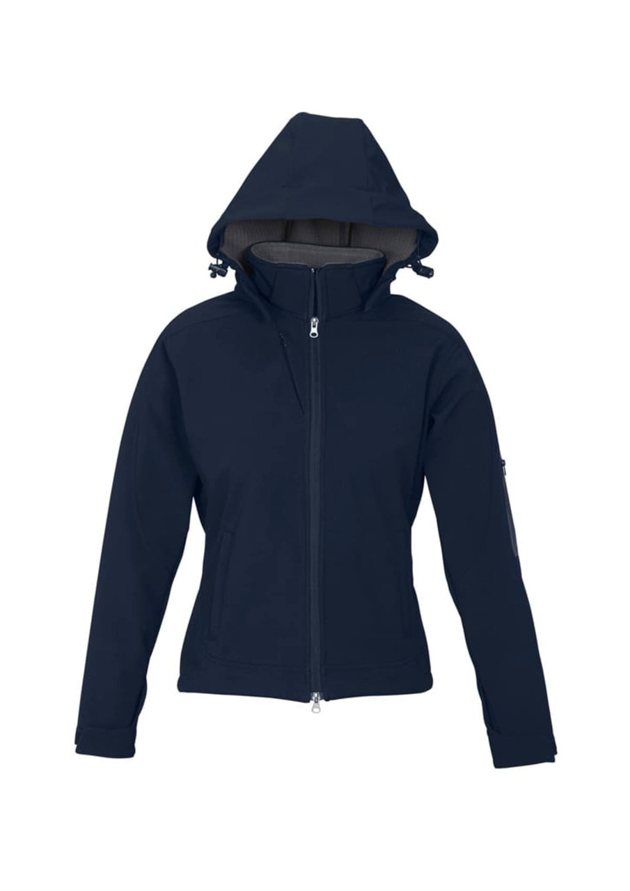 A navy soft shell jacket for women featuring a hood and zippered front, with a logo on the arm.