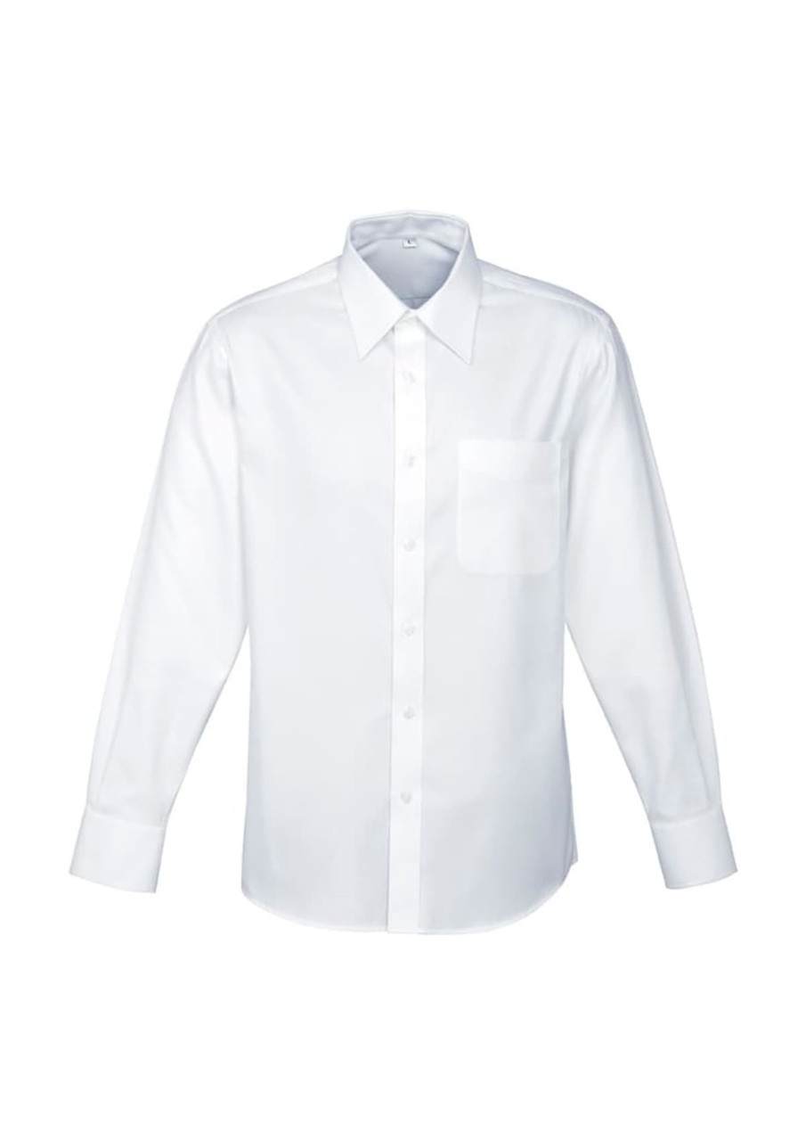 A white long sleeve button-up shirt with a single chest pocket and a branded logo.