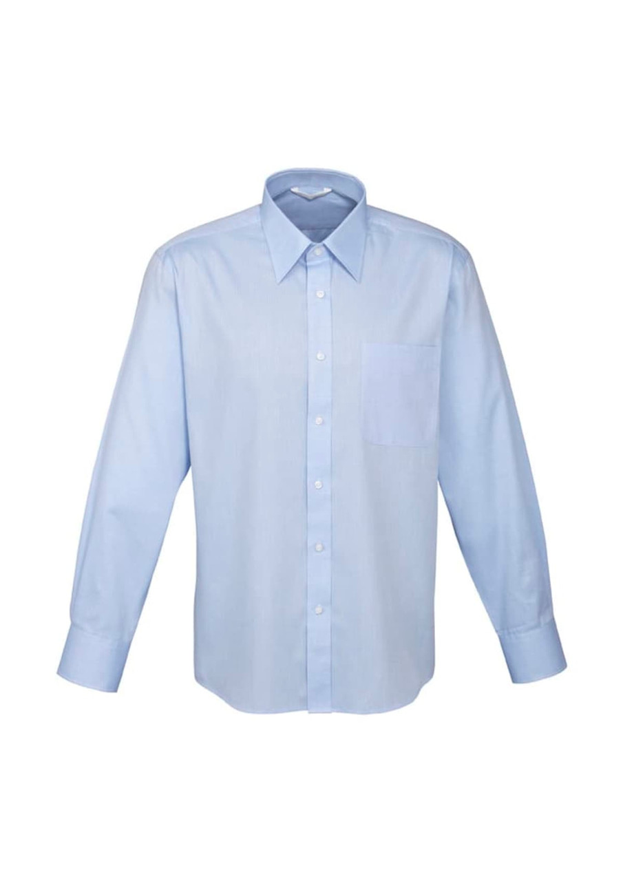 A light blue long sleeve button-up shirt with a single chest pocket and a collar, featuring branding.