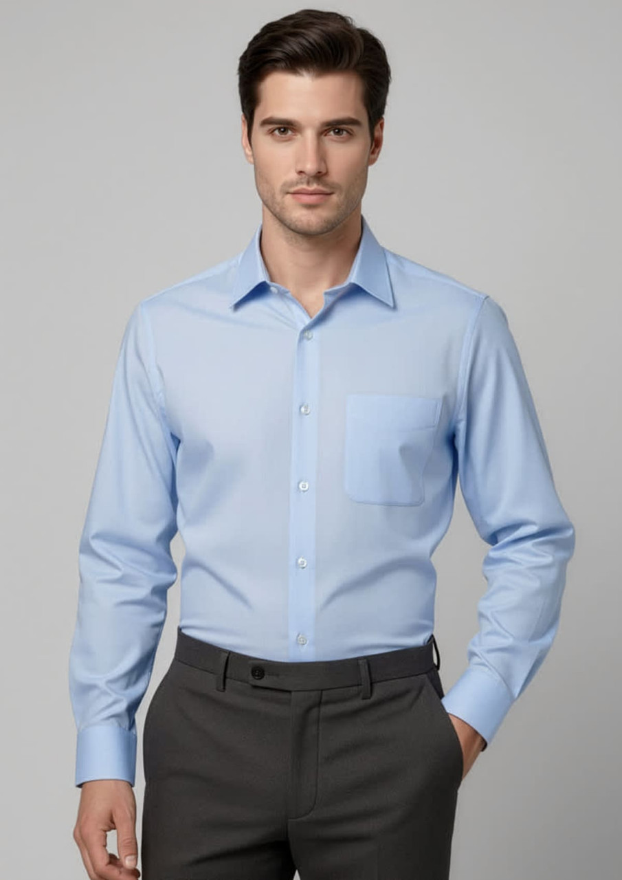 A blue long sleeve button-up shirt with a chest pocket, featuring a logo on the fabric.