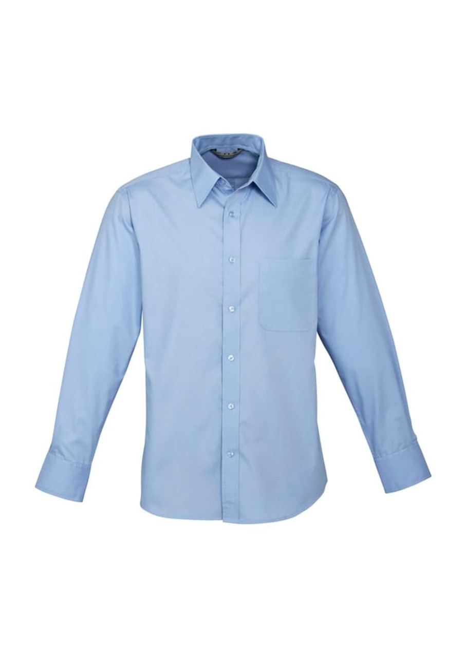 A long sleeve button-up shirt in light blue with a single chest pocket and a logo.