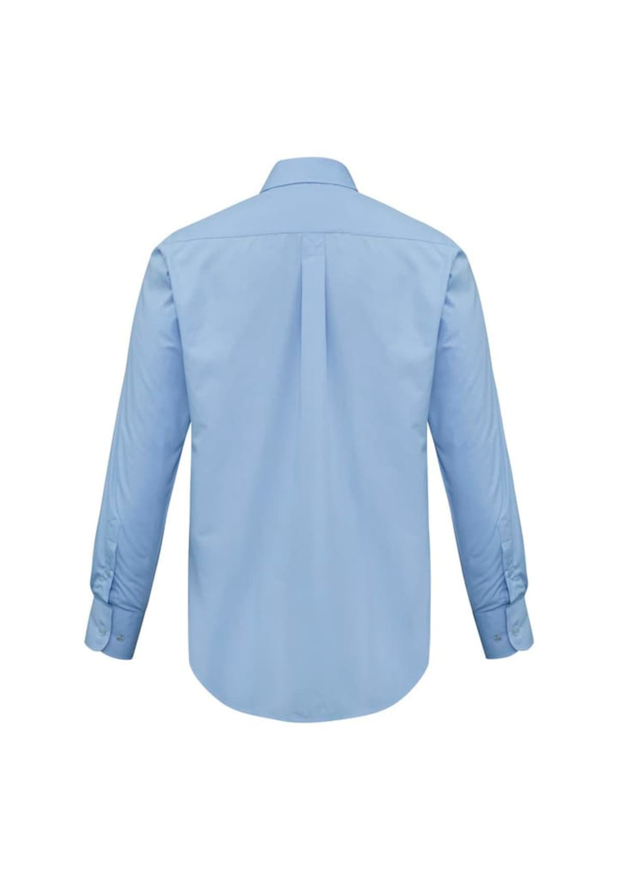 A light blue long sleeve shirt with a button-up style and a back pleat, featuring a logo.