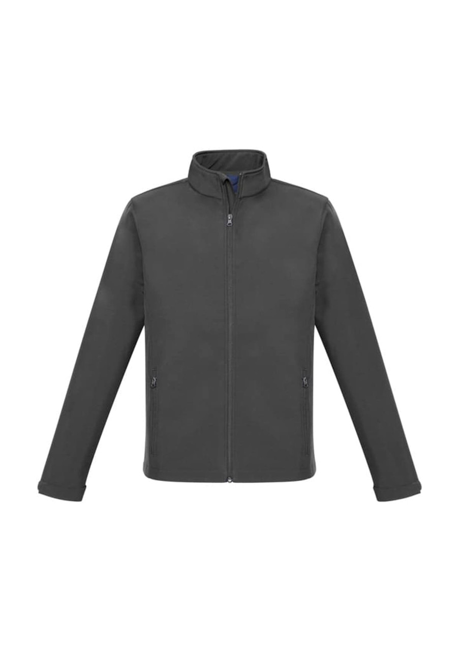 A soft shell jacket in grey with long sleeves and a high collar, featuring zippered pockets and a logo.