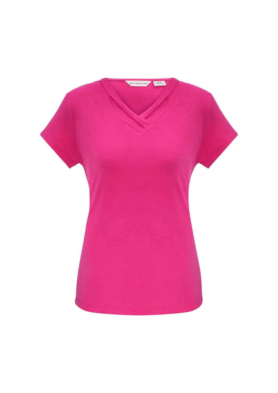A pink short sleeve top with a V-neck design, featuring a subtle layered detail and a logo tag.