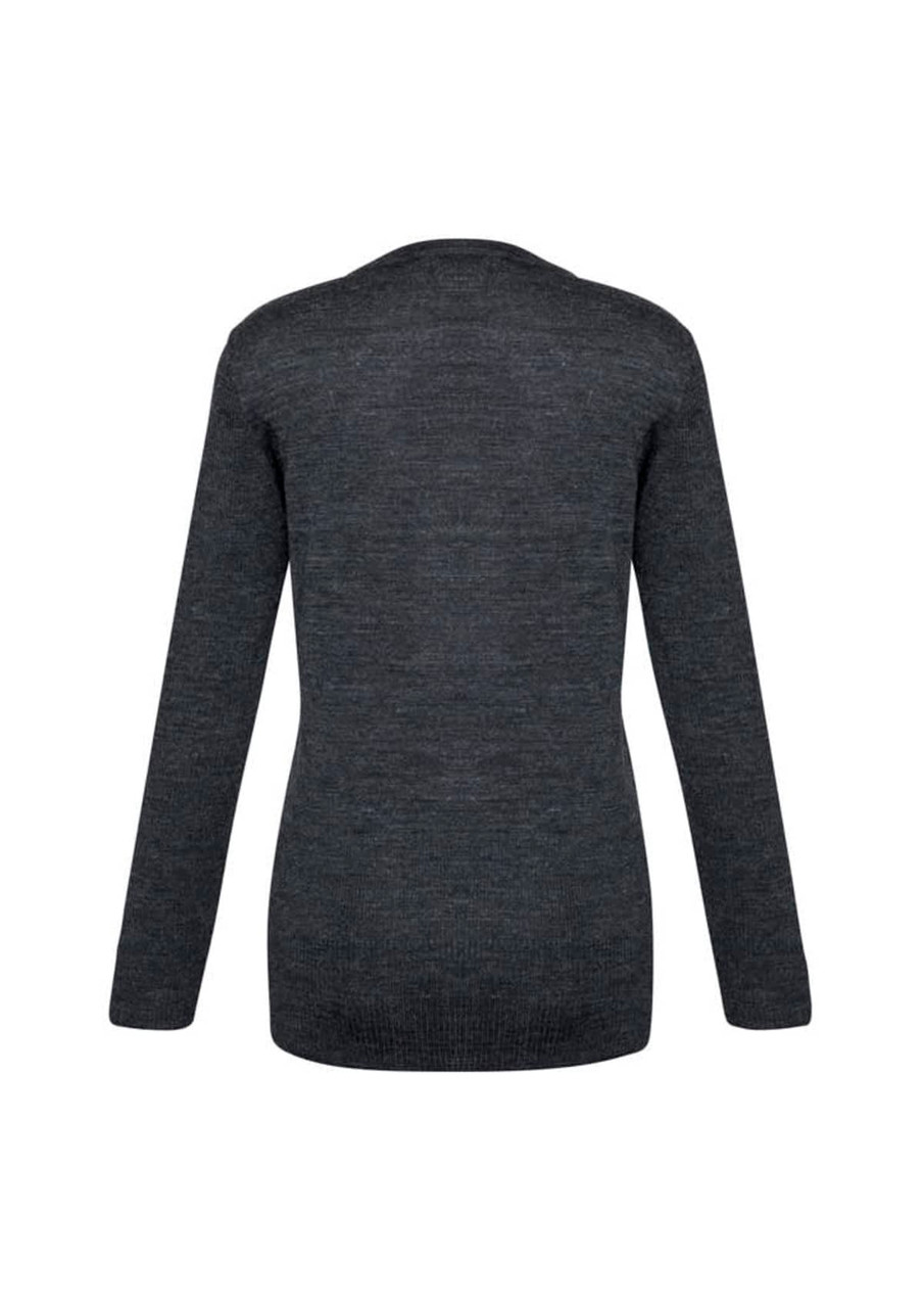 A dark grey women's Milano cardigan featuring long sleeves and a simple design, with a logo on the back.