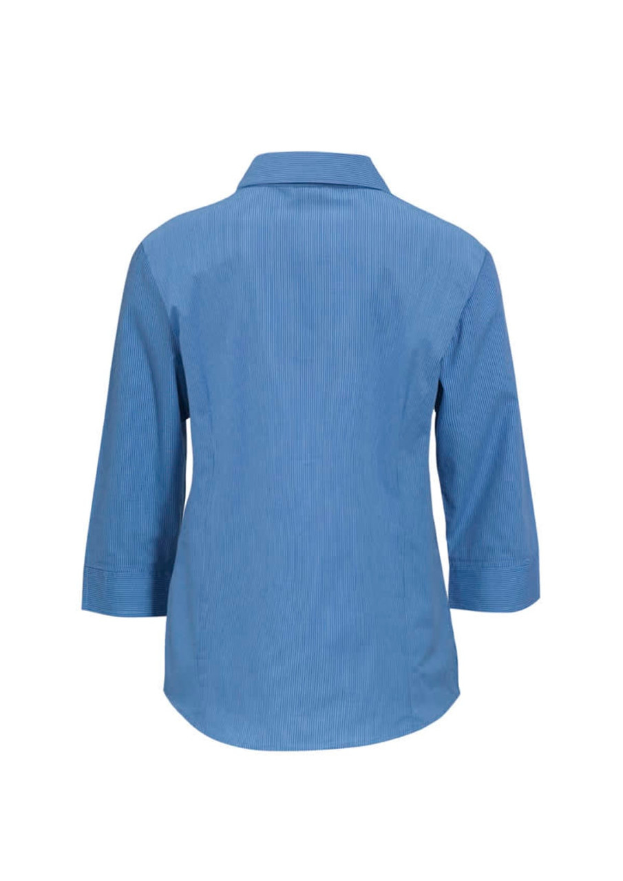 A women's micro check 3/4 sleeve shirt in light blue, featuring a collar and button-up design, with a branding logo.