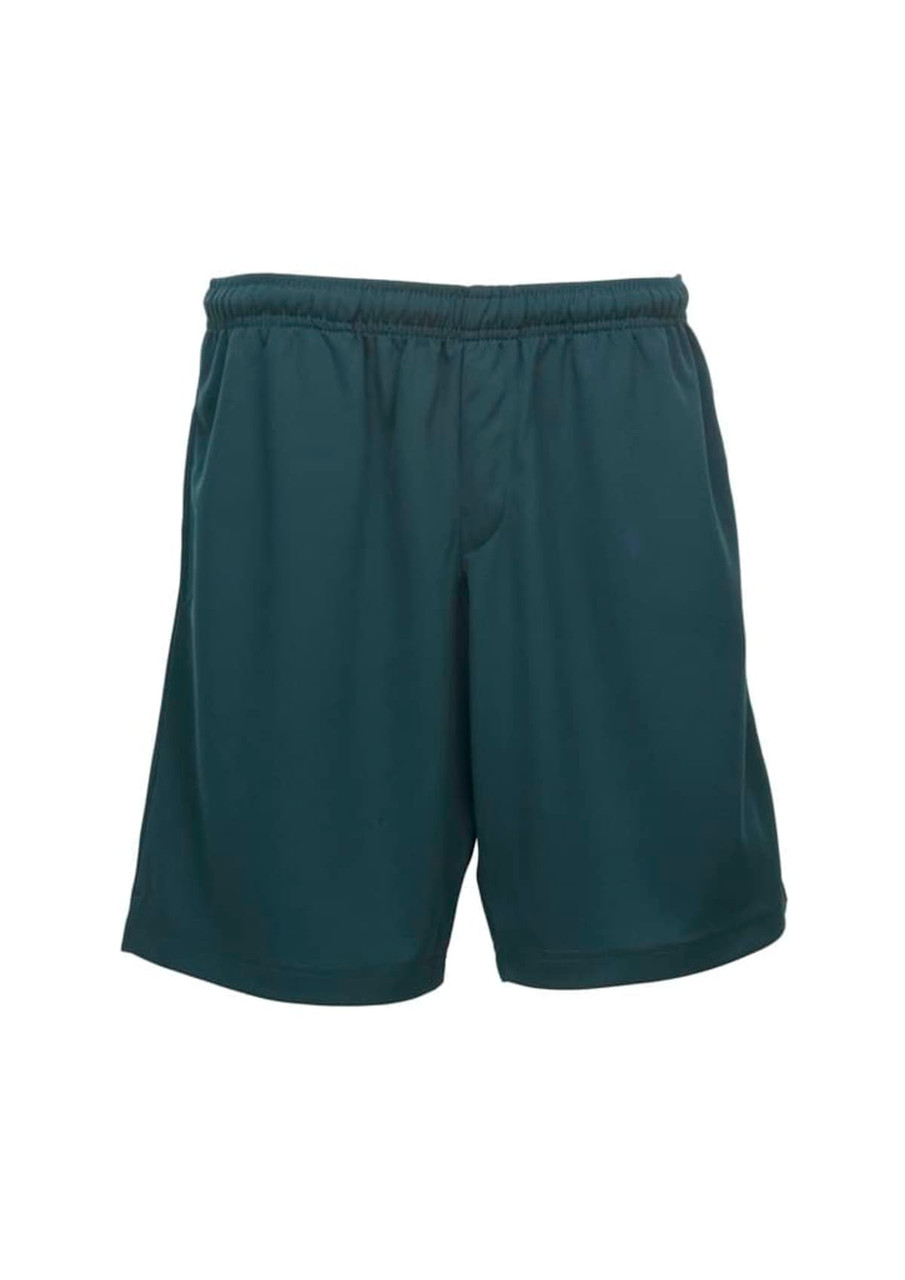 A pair of green sports shorts featuring an elastic waistband and a logo. Suitable for active wear.