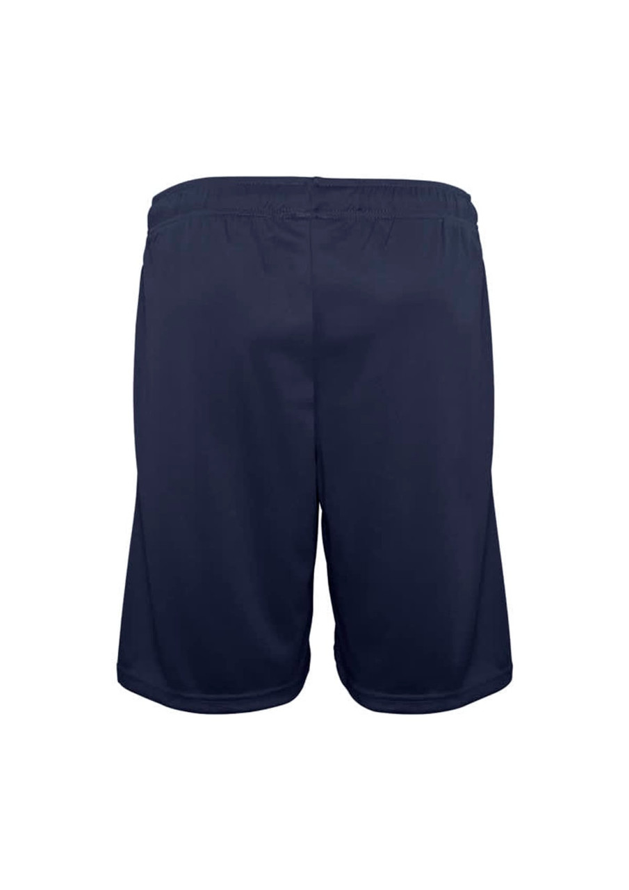 Navy sports shorts featuring an elastic waistband and a simple design, with a branding logo present.