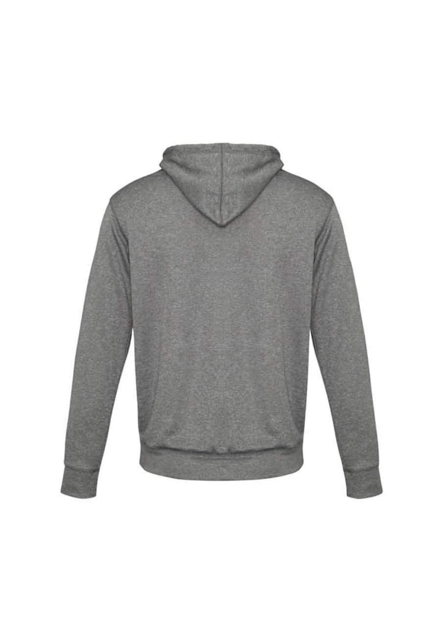 A grey hoodie for kids featuring a kangaroo pocket and a drawstring hood. It includes a logo on the back.