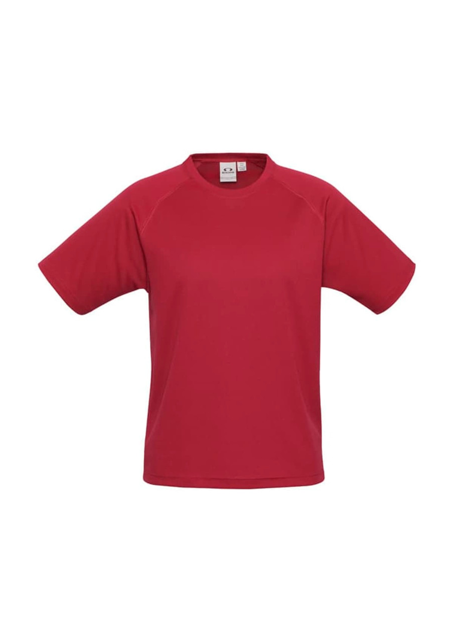 A red short sleeve tee with a relaxed fit and a logo on the label. Suitable for kids.